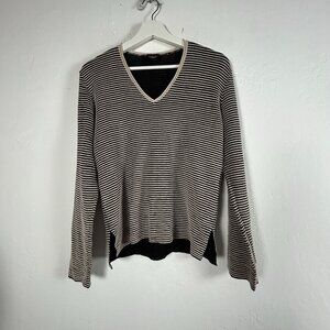 Bitte Kai Rand Womens Black Striped Knit V-Neck Sweater Top Long Sleeve Pullover